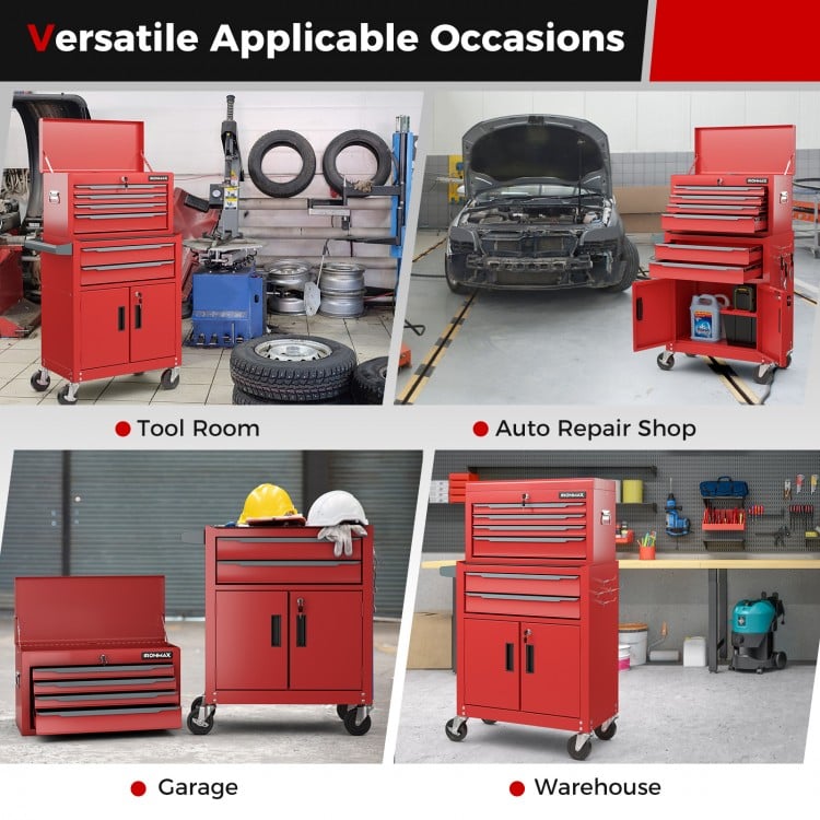 6-drawer rolling tool storage chest cabinet in red with universal wheels, ideal for garage, auto repair, and tool room.