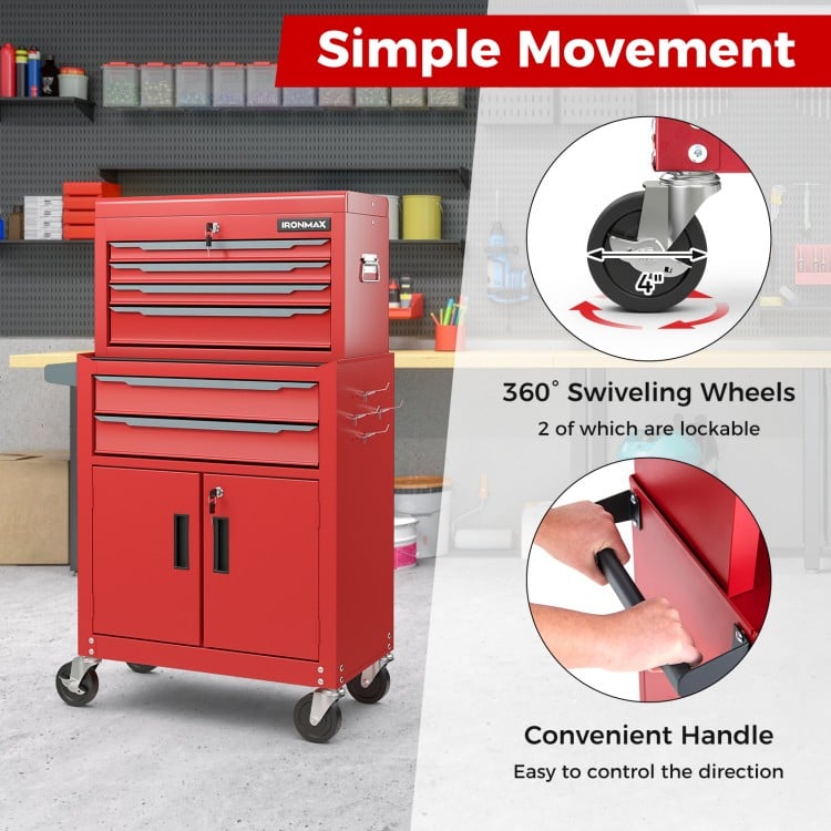 6-drawer red rolling tool storage chest with 360° swivel wheels and convenient handle for easy mobility and access.