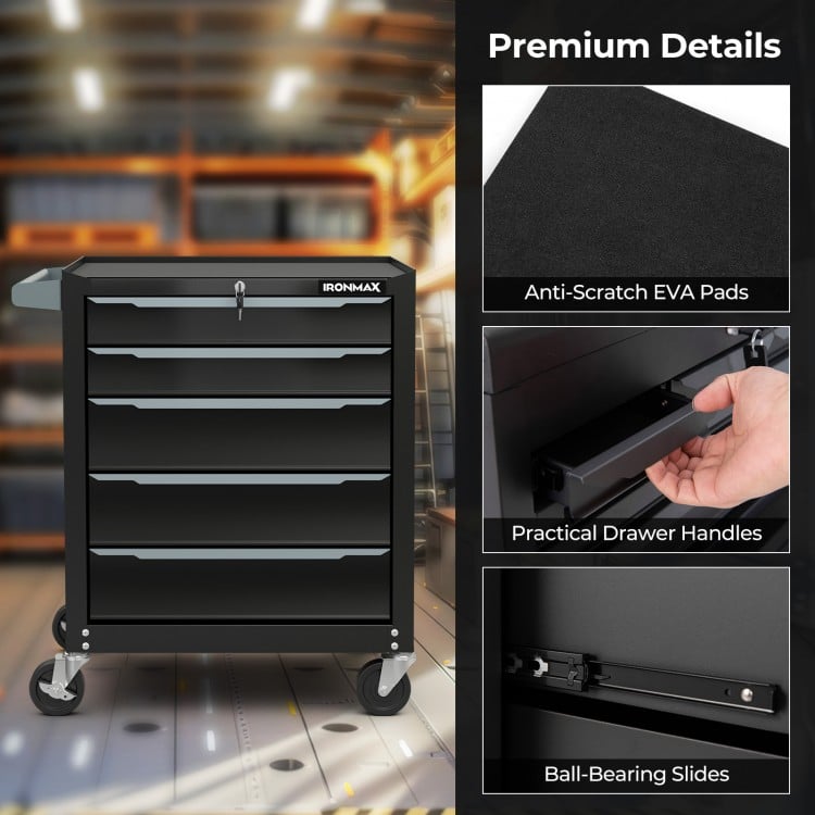 5-drawer tool storage cabinet in black with ball-bearing slides, central locking, and anti-scratch EVA pads for.