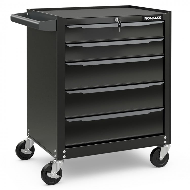 5-drawer tool storage cabinet in black with central locking system, designed for garage and workshop use.