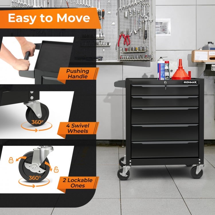 5-drawer tool storage cabinet in black with swivel wheels, side handle, and centralized locking system for garage use.
