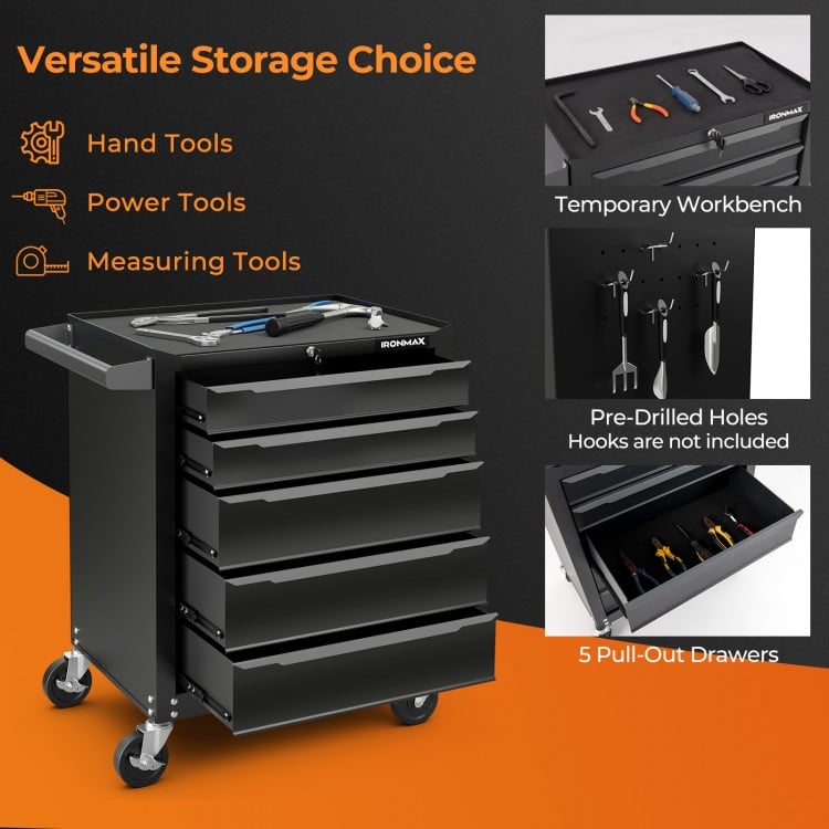 5-drawer black tool storage cabinet with central locking, pre-drilled holes, and temporary workbench for versatile use.