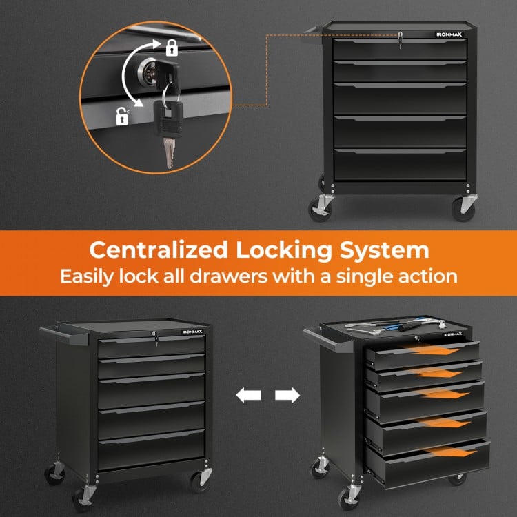 5-drawer tool storage cabinet in black with centralized locking system, ideal for garage and workshop organization.