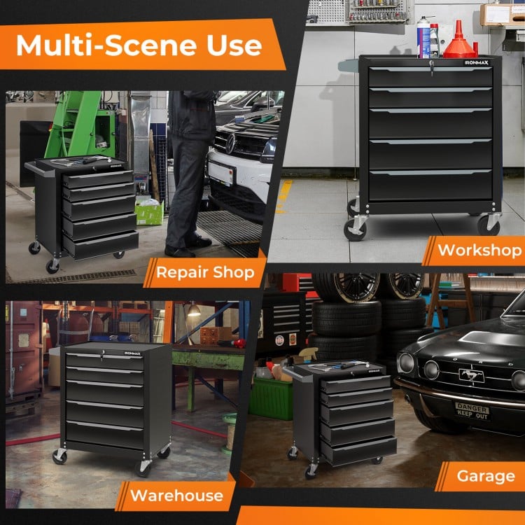 5-drawer tool storage cabinet in black with central locking system, ideal for garage, workshop, or repair shop use.