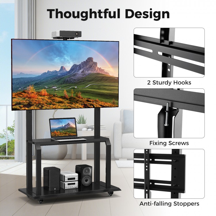 Mobile TV stand with camera shelf and AV shelves, suitable for 32"-80" TVs, featuring sturdy hooks and lockable wheels.