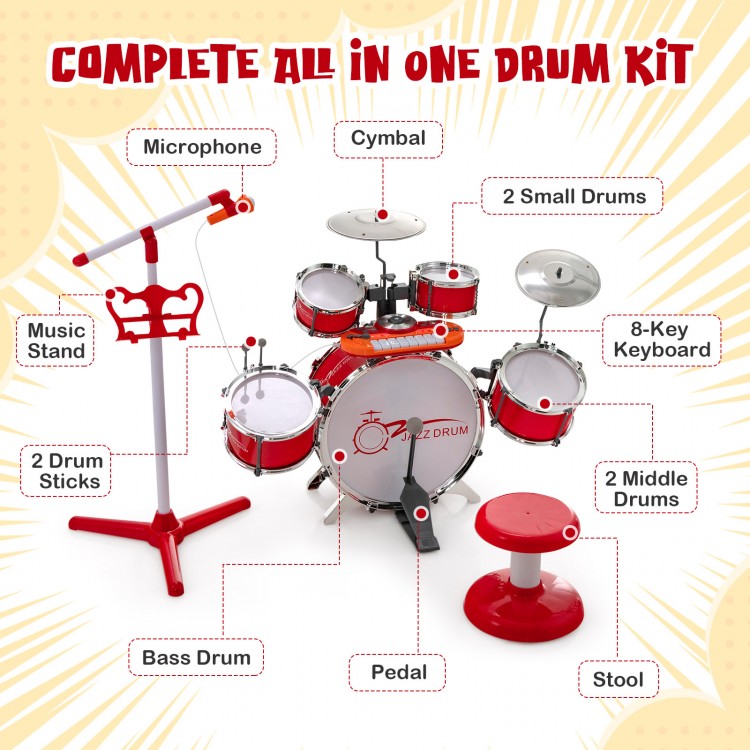Kids jazz drum keyboard set in red featuring a microphone stand, stool, and various drums for musical fun.