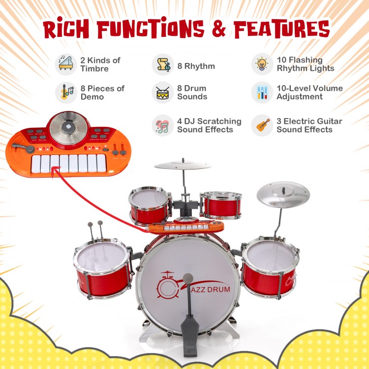 Kids Jazz Drum Keyboard Set in red with drum set, keyboard, microphone stand, and stool for musical fun and learning.