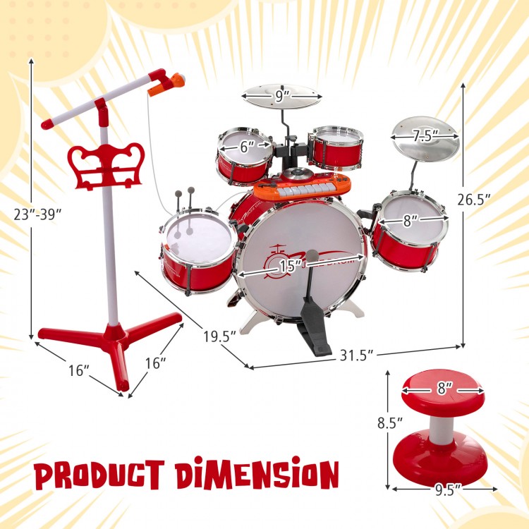 Kids jazz drum keyboard set in red with stool and microphone stand, featuring adjustable height and multiple sound.
