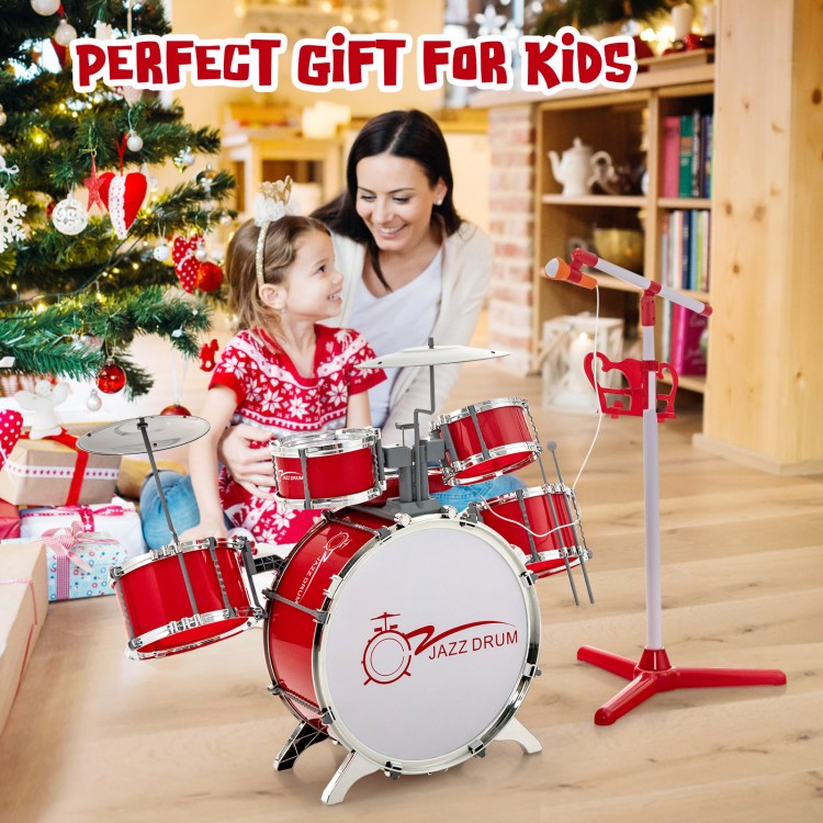 Kids jazz drum set in red with microphone stand and stool, perfect gift for birthdays and holidays.