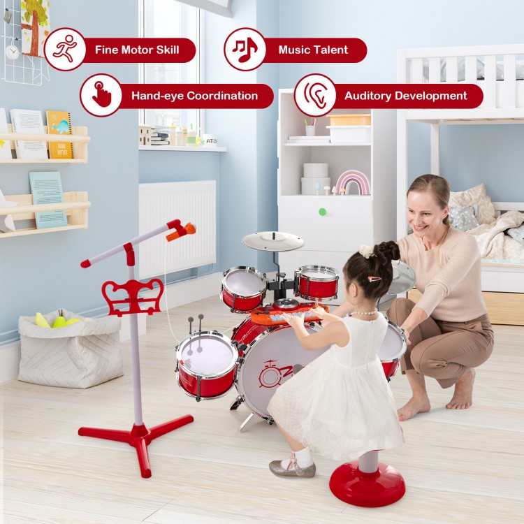Kids jazz drum keyboard set in red with microphone stand and stool, designed for music talent and auditory development.