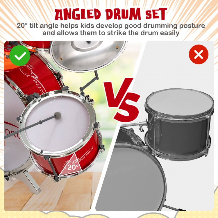 Angled drum set with 20° tilt for easy playing, part of a kids jazz drum keyboard set in red, ideal for young musicians.