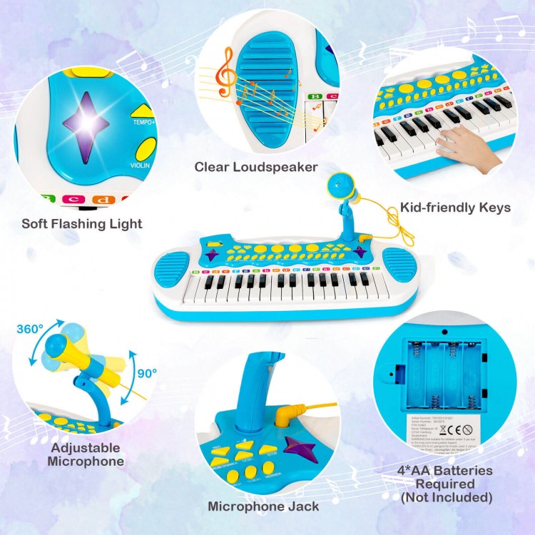 31-key kids piano keyboard toy in blue with adjustable microphone, designed for ages 3+, perfect for musical fun.