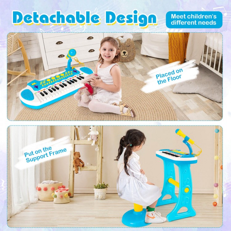 Kids piano keyboard toy in blue with microphone, placed on the floor for interactive music play and fun learning.
