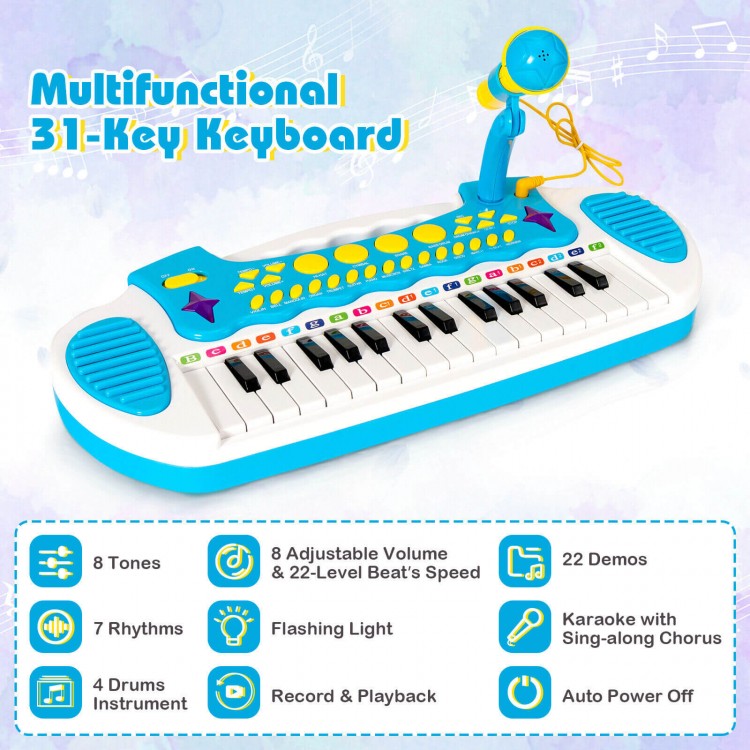 31-key kids piano keyboard toy in blue with microphone, featuring 22 demos and adjustable volumes for musical fun.