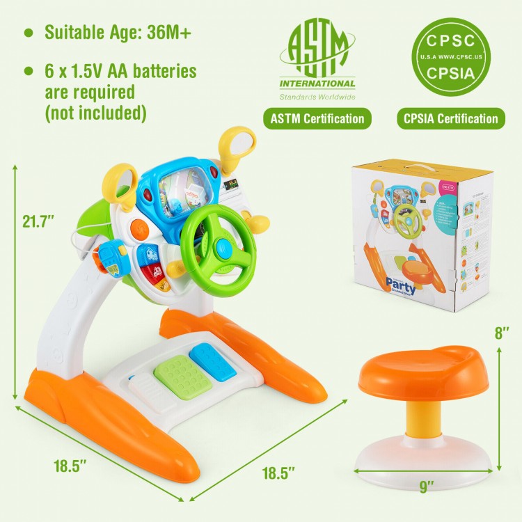 Kids steering wheel pretend play toy set with lights and sounds, showcasing the interactive steering wheel and.