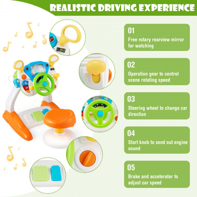 Kids steering wheel pretend play toy set with lights, sounds, and included stool for safe indoor driving fun.