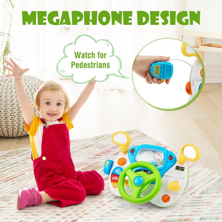 Kids steering wheel pretend play toy set with lights and sounds, featuring a megaphone and comfortable stool for fun.