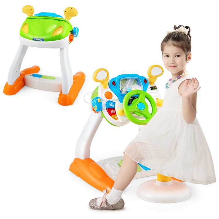Kids steering wheel pretend play toy set with lights and sounds, featuring a stool and realistic driving controls for.
