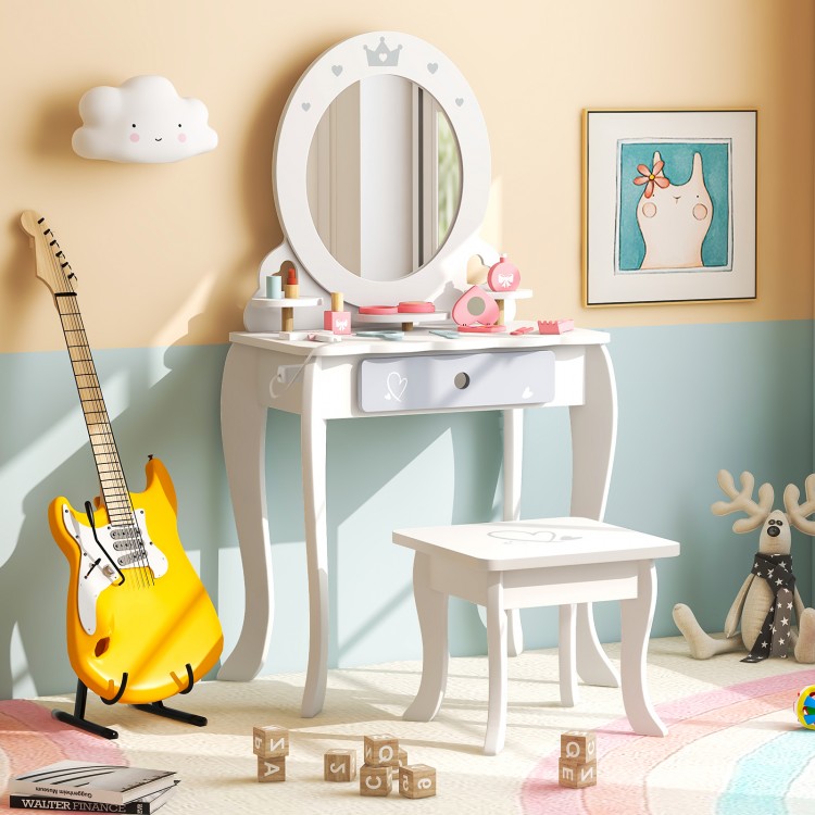 Kids 2-in-1 princess makeup table set in white with removable mirror, perfect for imaginative play and storage.