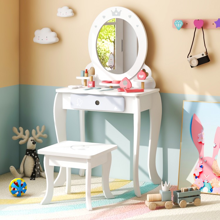 Kids 2-in-1 princess makeup table set in white with removable mirror and storage, perfect for imaginative play.