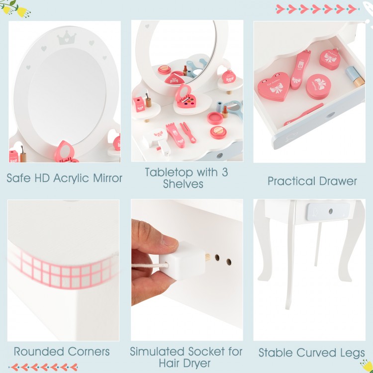 Kids 2-in-1 princess makeup table with removable acrylic mirror, three shelves, and practical drawer for storage.