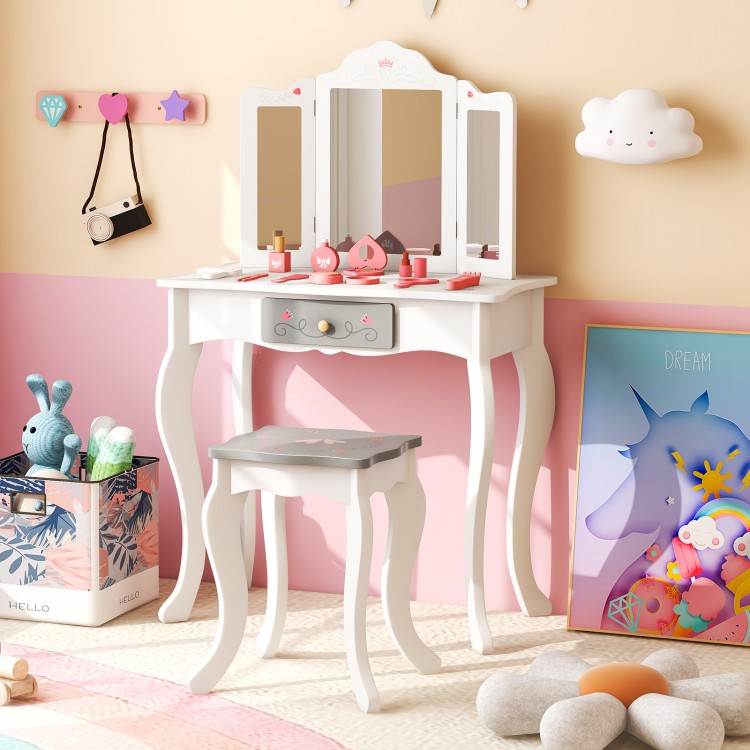 Kids vanity set with tri-folding mirror in white, featuring a charming design and safe materials for ages 3+.