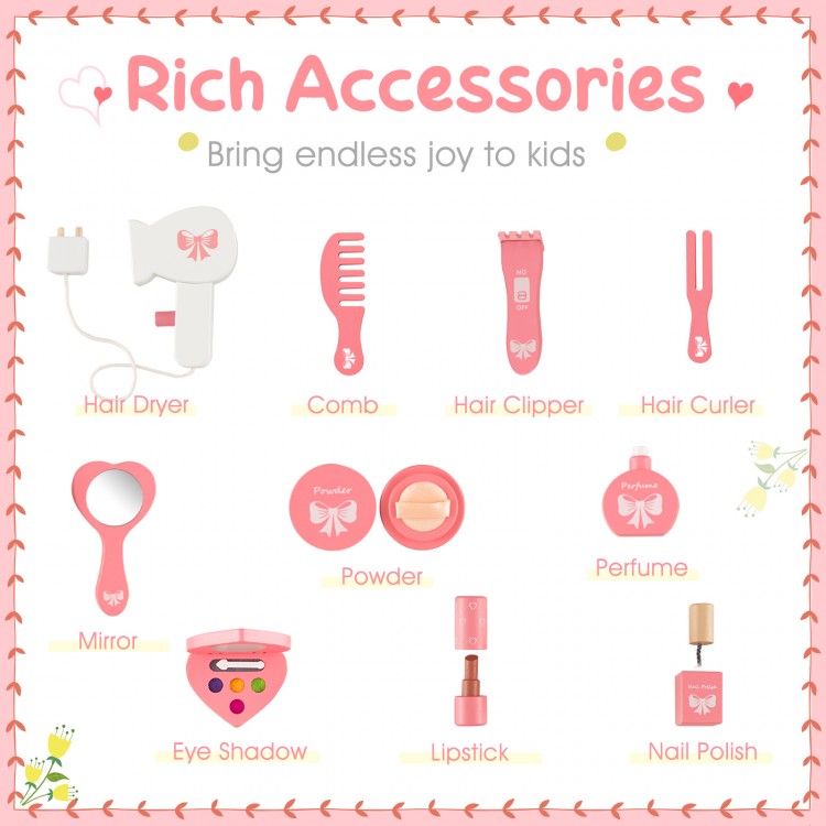 Kids vanity set featuring a tri-folding mirror and rich accessories, designed for safe, fun play for ages 3 and up.