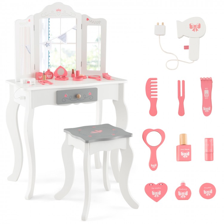 Kids vanity set with tri-folding mirror, white finish, includes accessories for imaginative play, perfect for ages 3+.