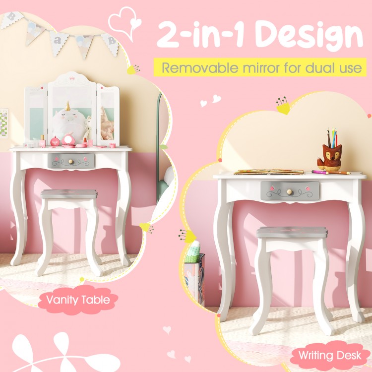 Kids vanity table in white with removable tri-folding mirror, perfect for little princesses aged 3+ years.