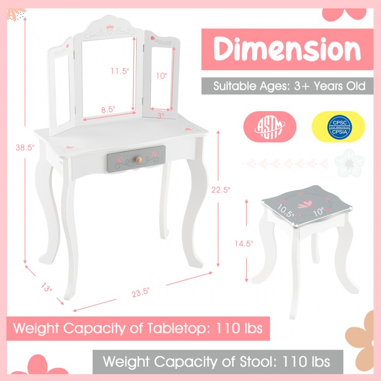 Kids vanity set with tri-folding mirror in white, featuring a sturdy design and ideal for ages 3+, perfect for little.
