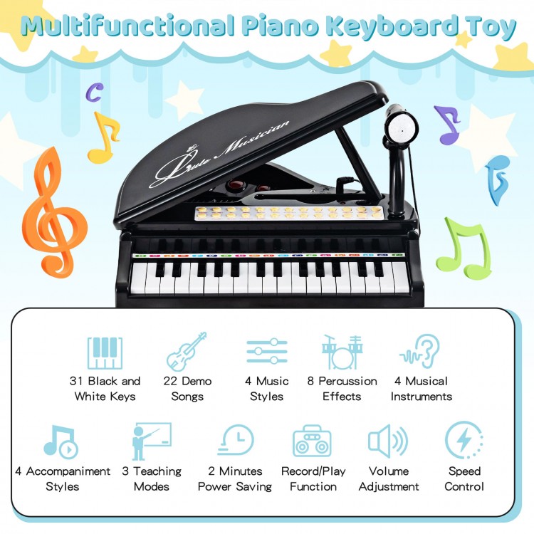 31-key black piano keyboard toy with stool, LED lights, microphone, and multiple teaching modes for kids aged 3+.