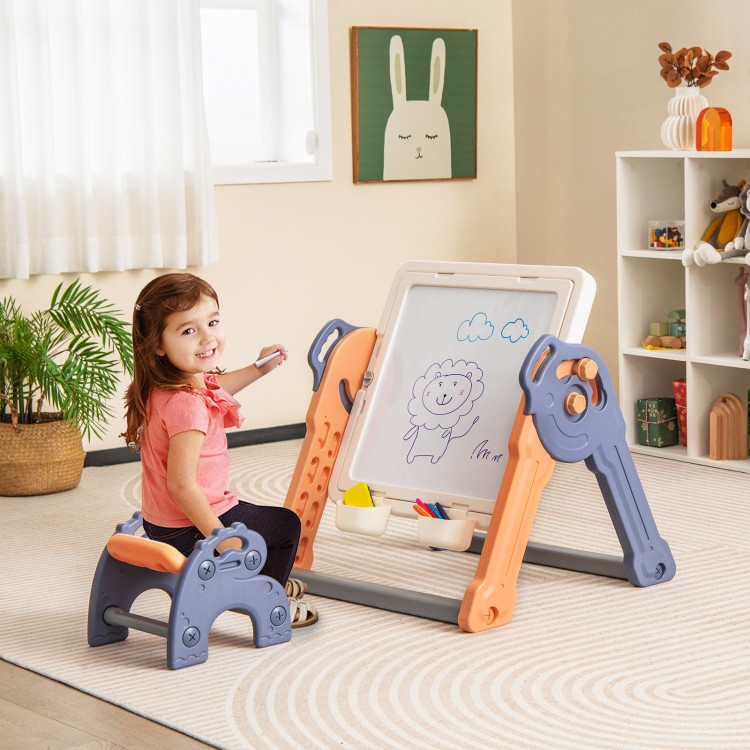 Kids art easel with reversible building block tabletop, featuring a child drawing, ideal for creativity and play in.