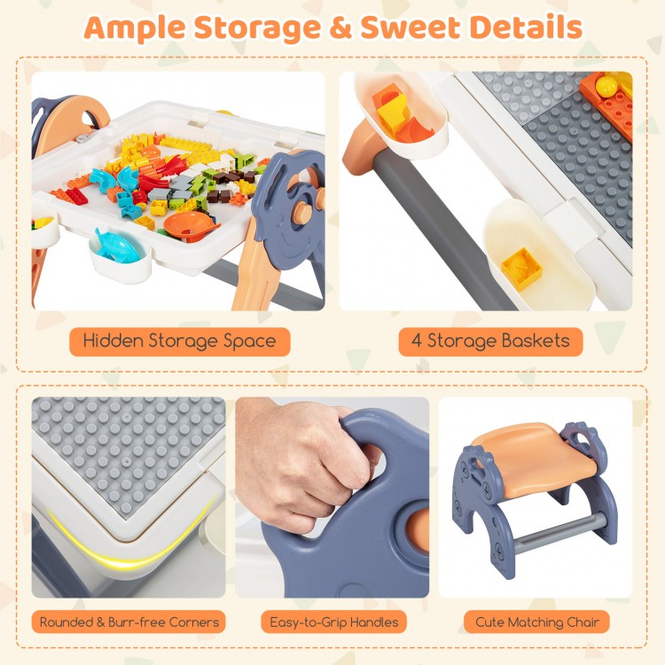 Detail of the 6-in-1 kids art easel showing easy-to-grip handles and hidden storage for toys and blocks.