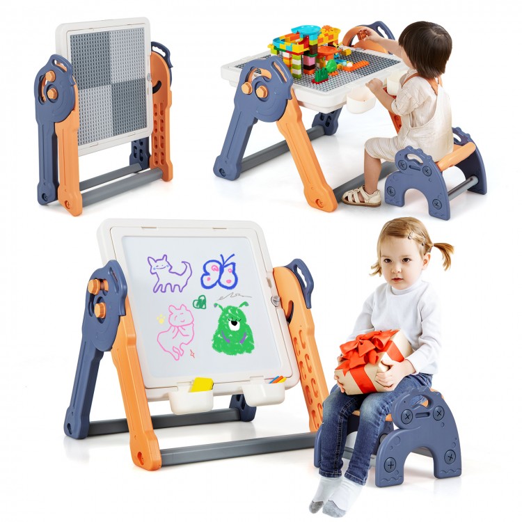 6-in-1 folding kids art easel with reversible tabletop for building blocks, drawing, and studying, perfect for ages 3-8.