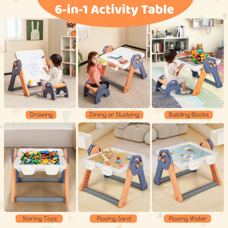 Kids 6-in-1 folding activity table for drawing, building blocks, and playing sand, featuring a reversible tabletop.
