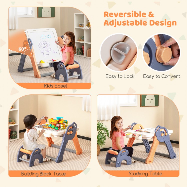 Kids easel with reversible tabletop, adjustable 60° angle, suitable for drawing, building blocks, and studying.