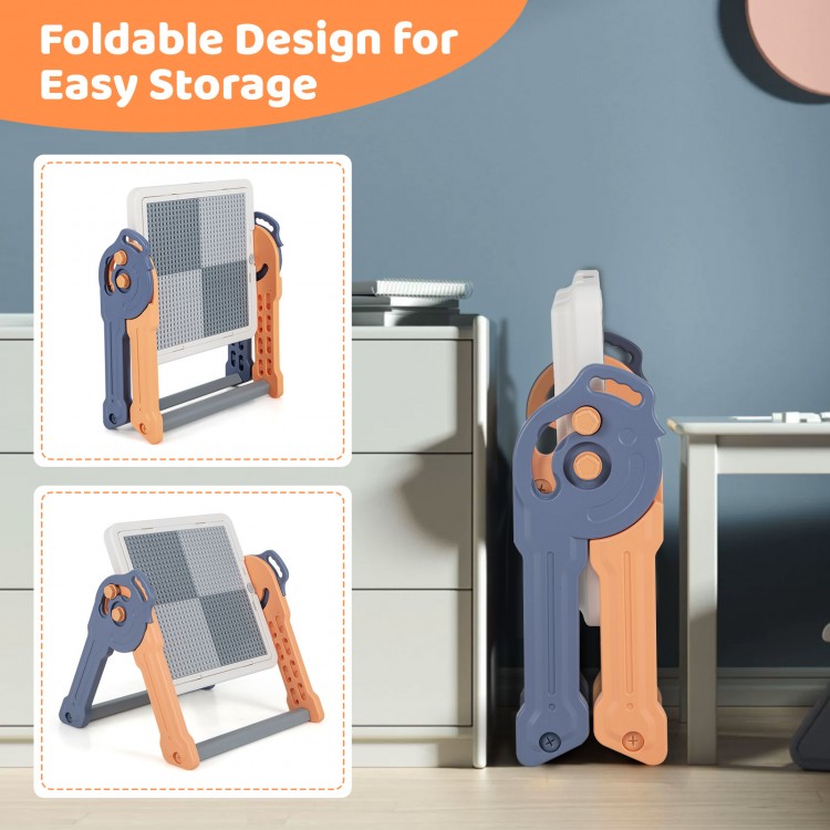 Foldable 6-in-1 kids art easel with reversible tabletop, perfect for drawing, building blocks, and easy storage.