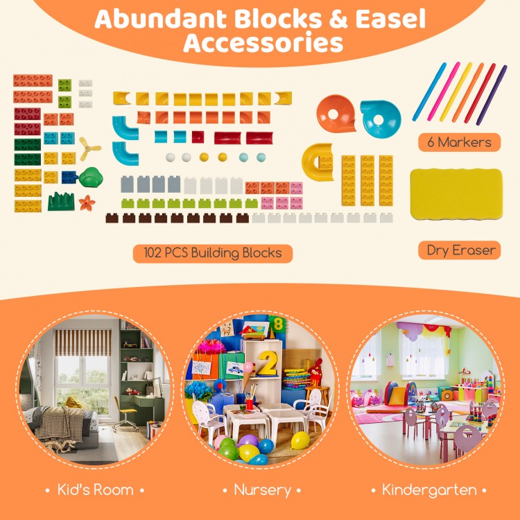 Colorful building blocks and easel accessories for kids, ideal for art, play, and study in nurseries or kindergartens.