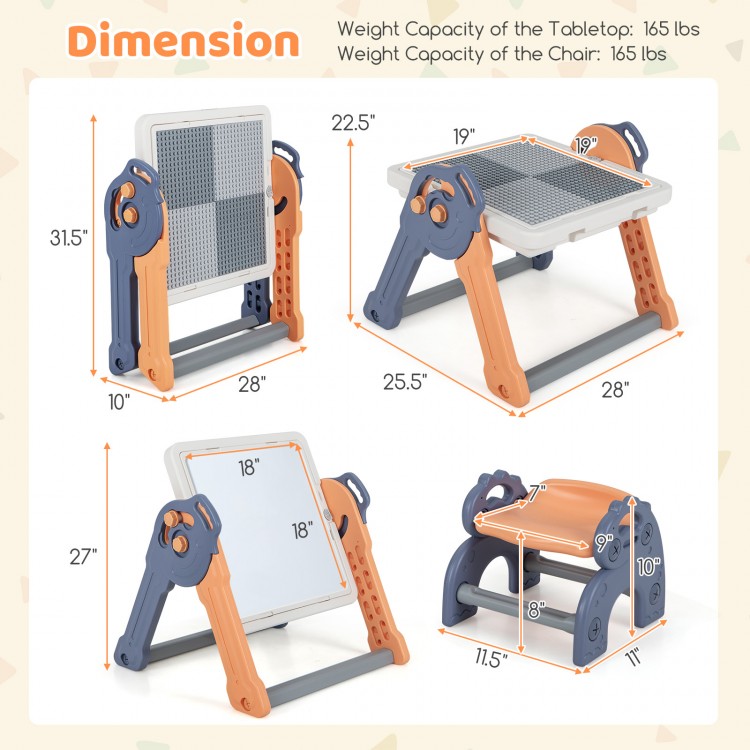 6-in-1 folding kids art easel with reversible tabletop, featuring adjustable angles and ample storage for creative play.