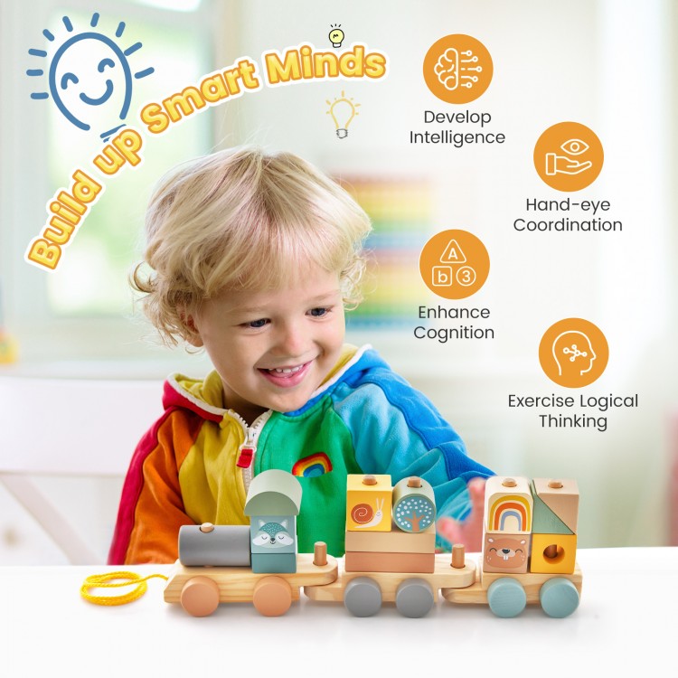 Wooden toy train set with stacking blocks, featuring cute animal patterns, promotes hand-eye coordination and logical.