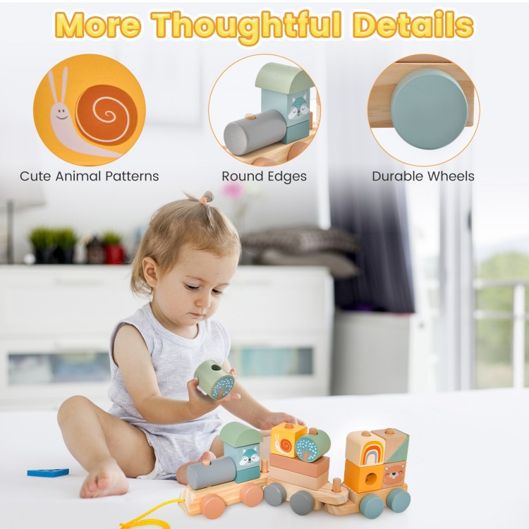 Wooden toy train set featuring cute animal patterns, stackable blocks, and durable wheels for safe, fun playtime.