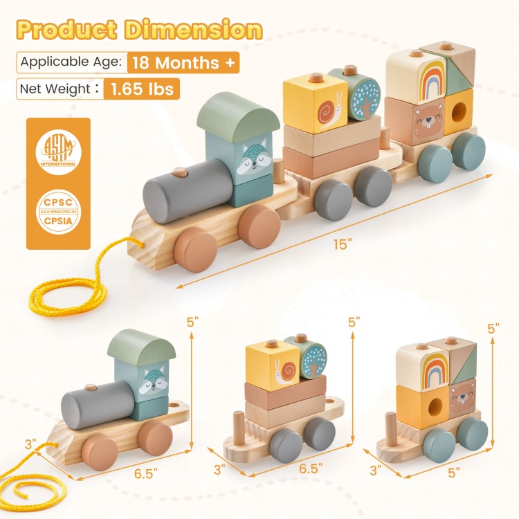 Wooden toy train set with stacking blocks, featuring cute animal patterns, designed for kids' play and motor skill.