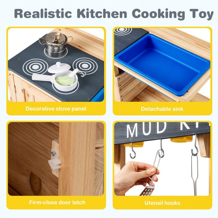 Wooden kids kitchen playset with stove panel, detachable sink, and utensil hooks for imaginative outdoor play.