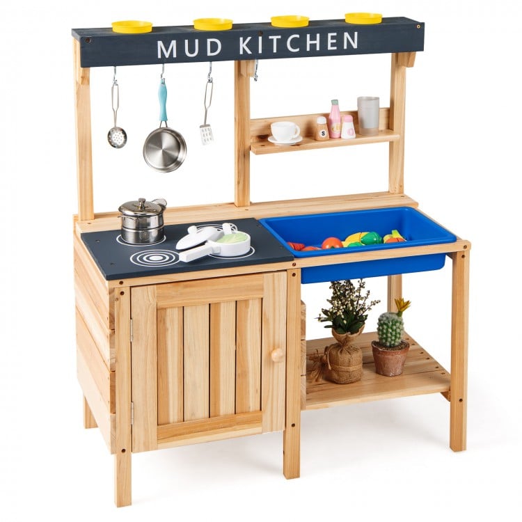 Wooden outdoor mud kitchen playset for kids with stove, shelves, and kitchenware, ideal for imaginative play.