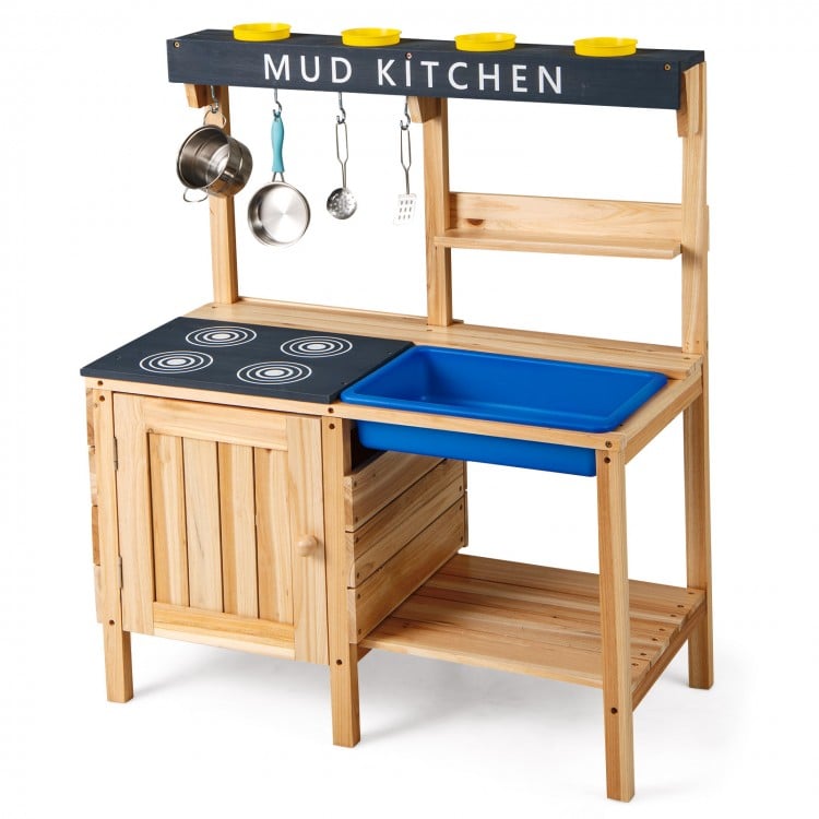 Wooden outdoor mud kitchen playset with stove stencils, storage shelves, and stainless steel cooking wares for.