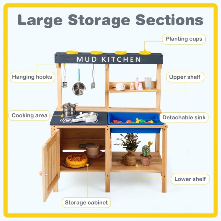 Wooden outdoor mud kitchen playset with stove, sink, and storage shelves for imaginative play and skill development.