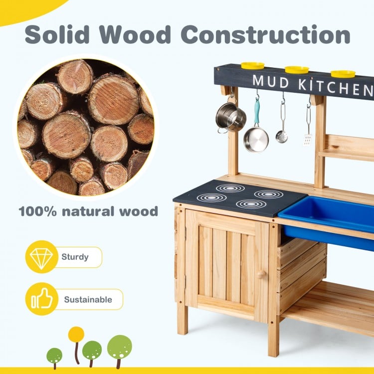 Close-up of solid wood construction for the Outdoor Mud Kids Kitchen Playset, featuring sturdy, sustainable materials.