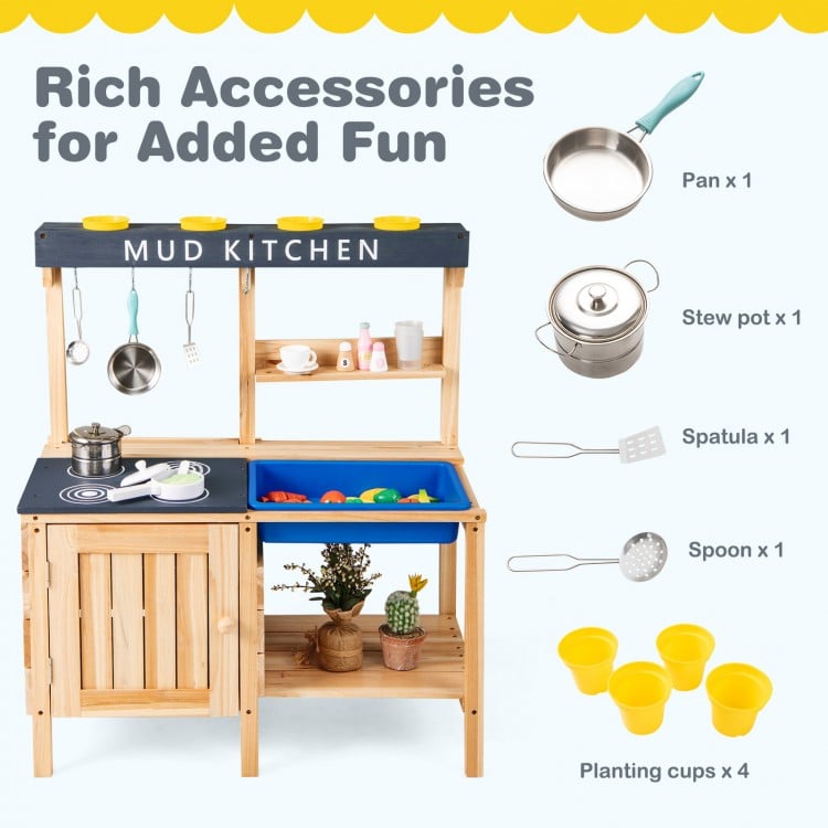 Wooden outdoor mud kitchen playset with stove, stainless steel cookware, and storage for imaginative play.