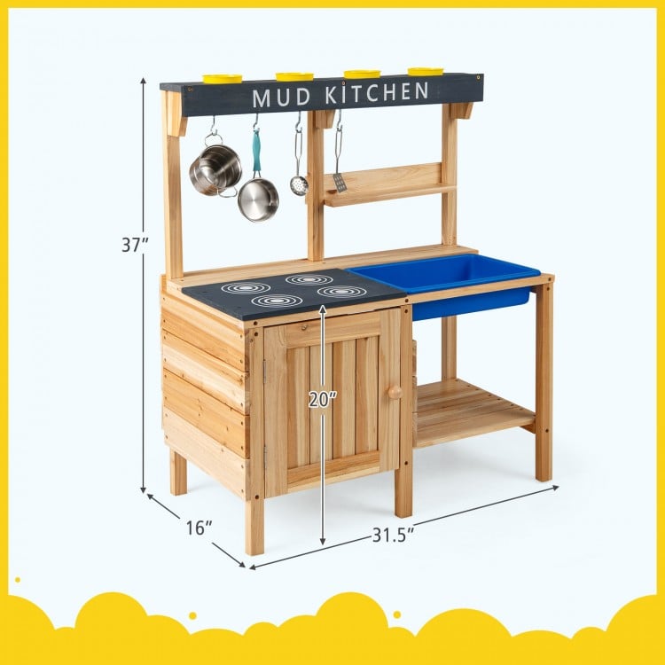 Wooden outdoor mud kitchen playset with stove stencils, storage shelves, and stainless steel cookware for imaginative.