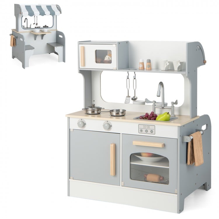 Double-sided kids pretend kitchen playset in gray with microwave, oven, and abundant accessories for imaginative play.